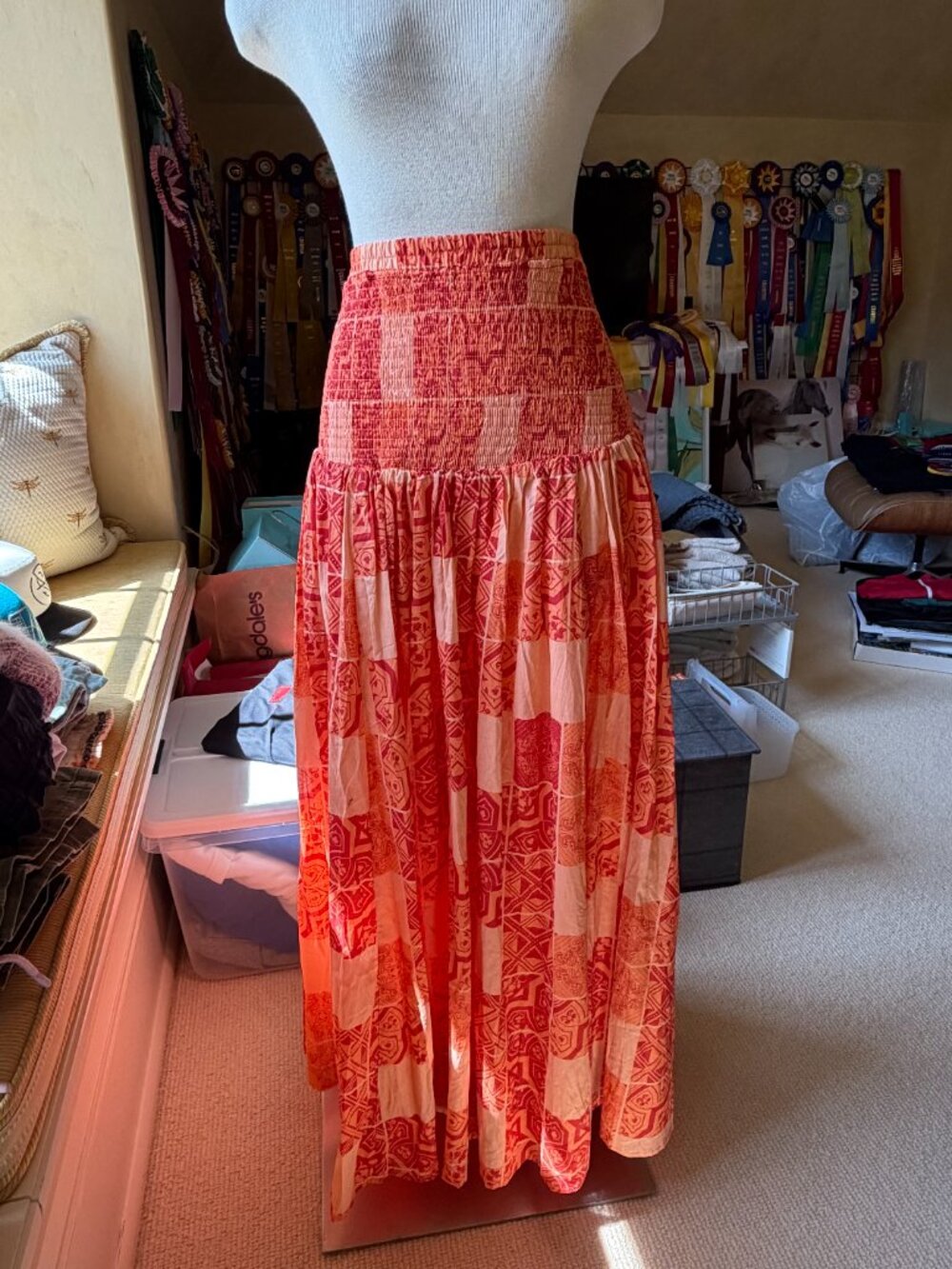 Anthropologie Orange Patchwork Print Smocked Waist Maxi Skirt